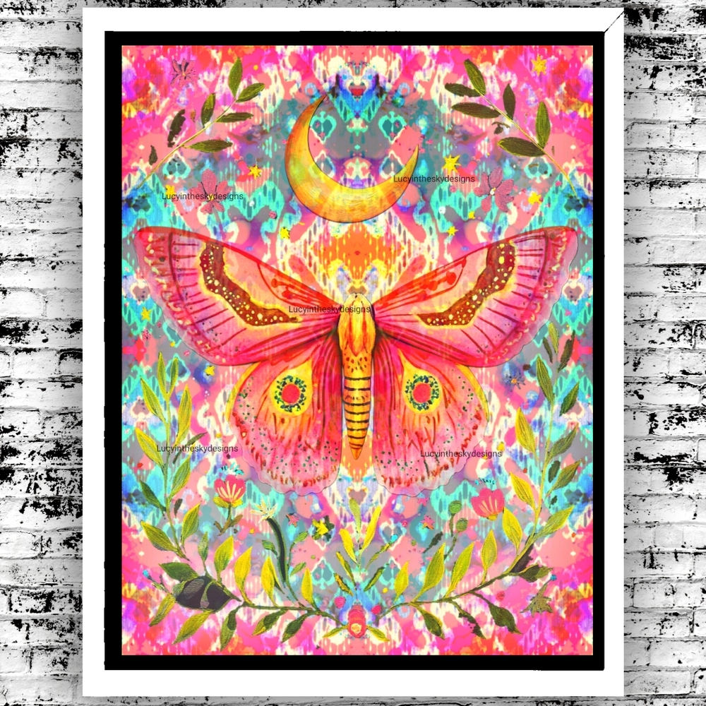 Butterfly Kaleidoscope Pink Bohemian Abstract Art Print Bright Unique 8.5x11